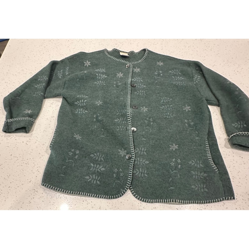 Artisans Sunschein Designs Green Floral Blanket Stitch Fleece Cardigan Jacket L